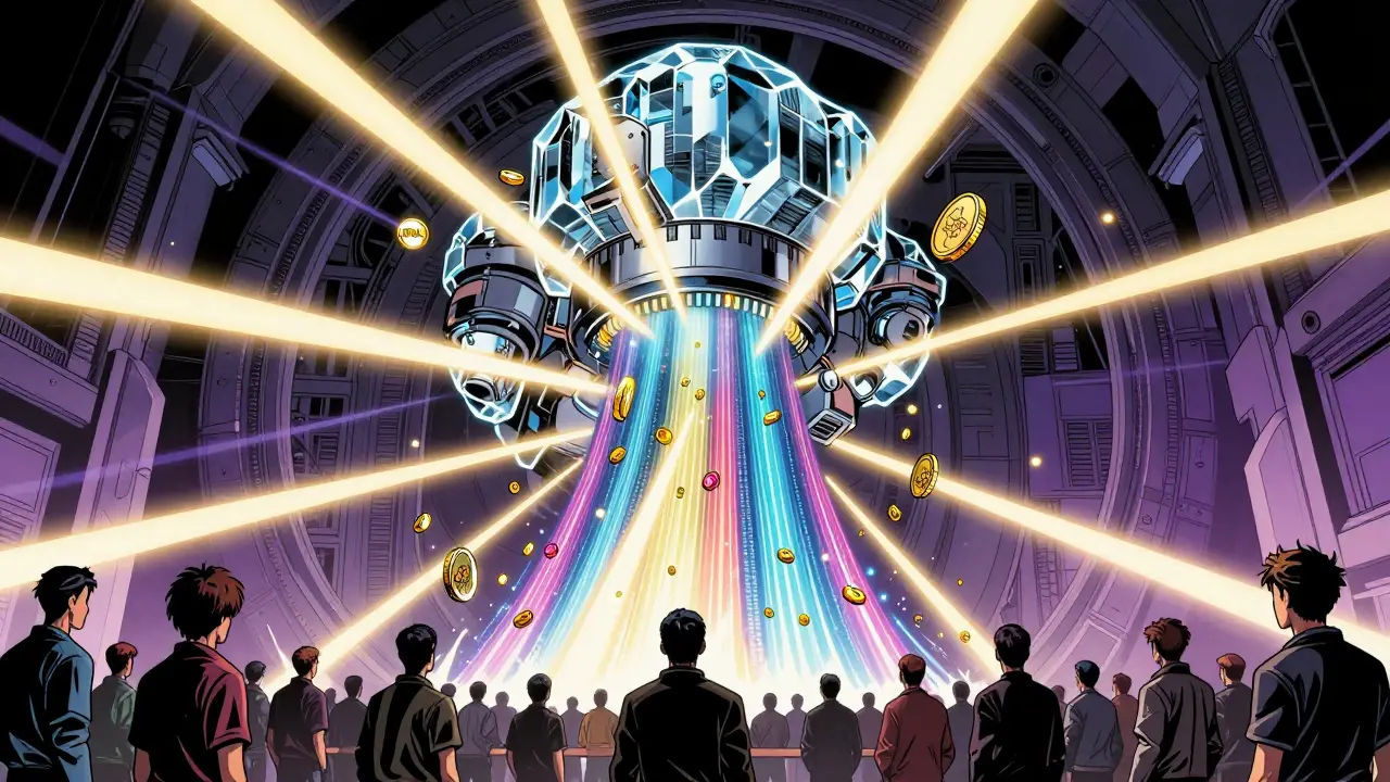 Massive crystalline machine distributing various crypto tokens to POL stakers in a high-tech vault.