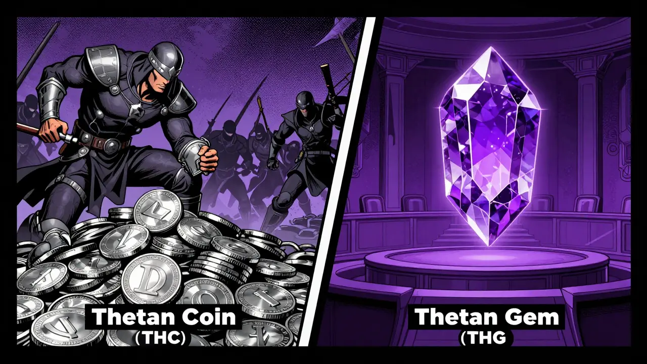 Split panel showing silver utility coins and a glowing purple governance gem in a graphic novel style.