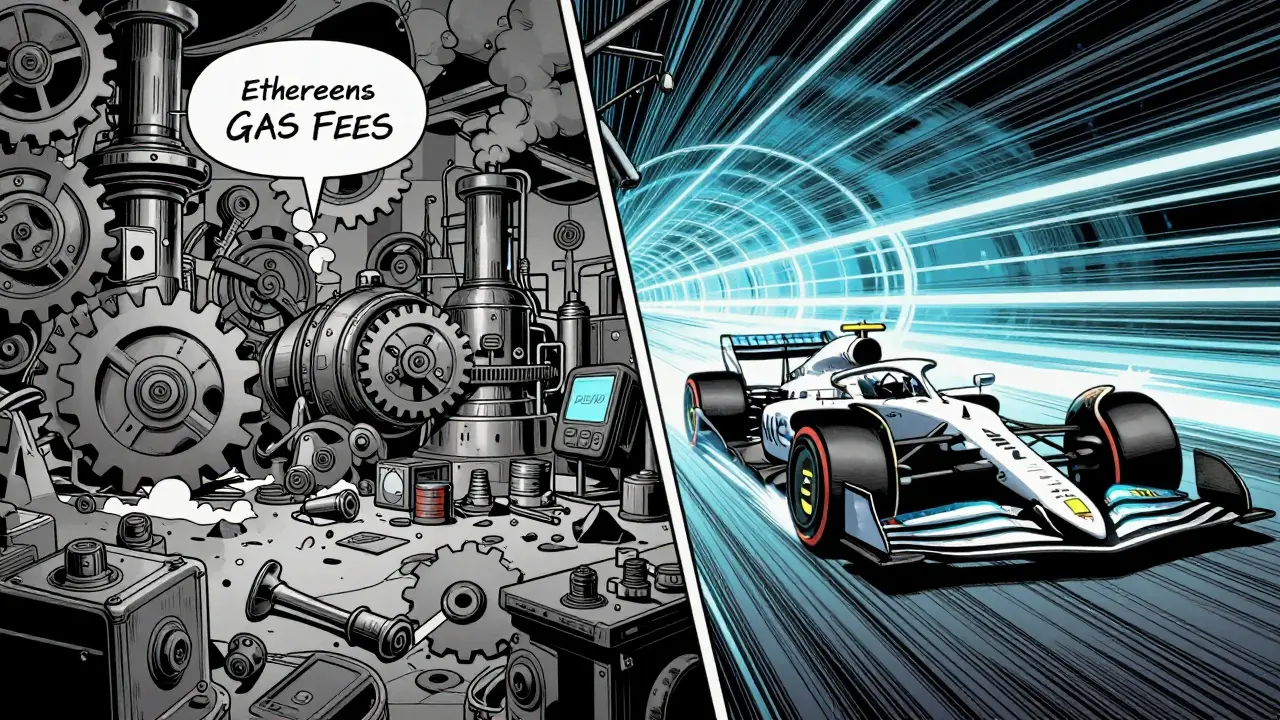 Split-screen comic art comparing slow steampunk machinery to a high-speed digital race car.