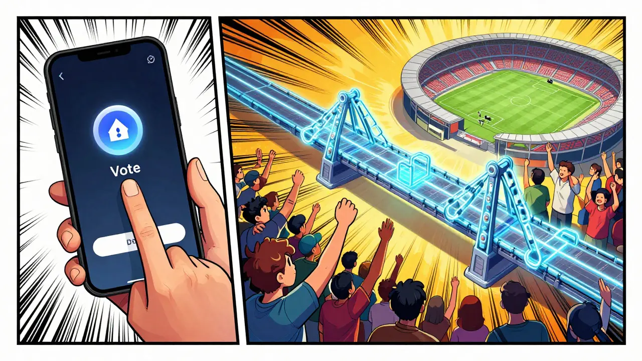 Split-screen comic art showing app voting and a blockchain bridge to a stadium.