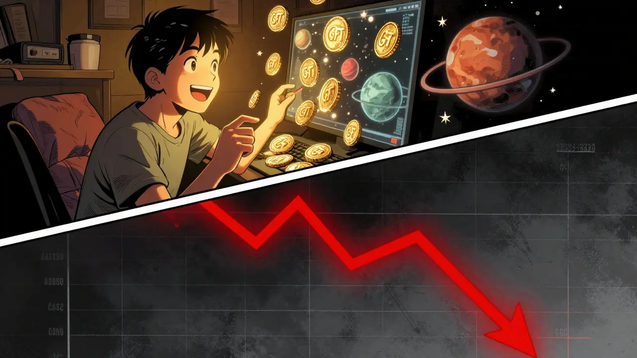 Split screen showing a gamer earning tokens and a plummeting financial price chart.
