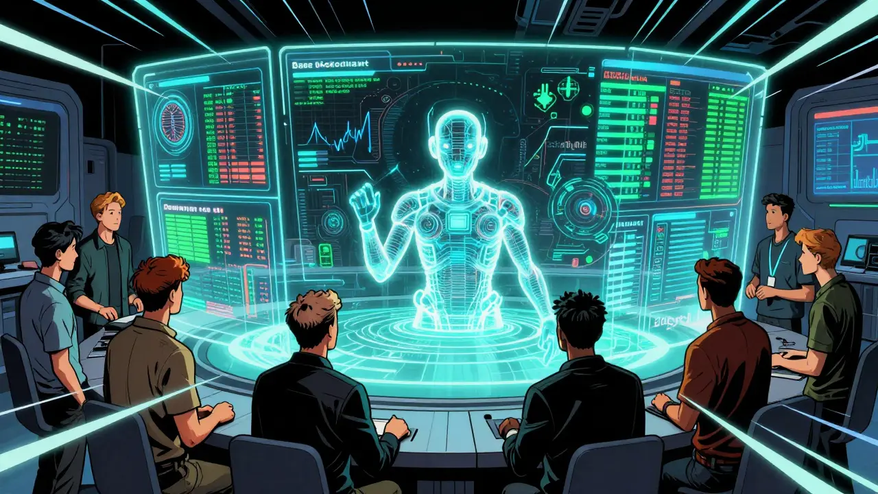 Traders using holographic AI tools in a high-tech command center.