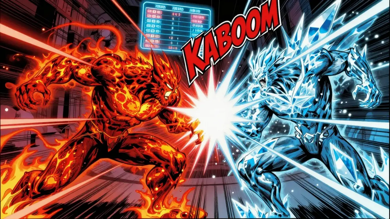 Two elemental creatures battling in a high-energy arena with an active leaderboard.