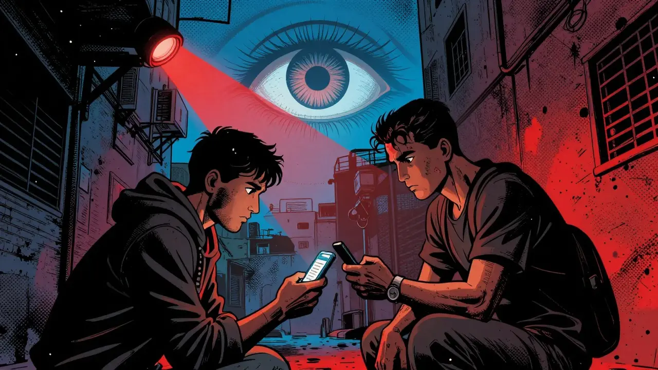 Two people meeting secretly in a Cairo alley under a giant surveillance eye.