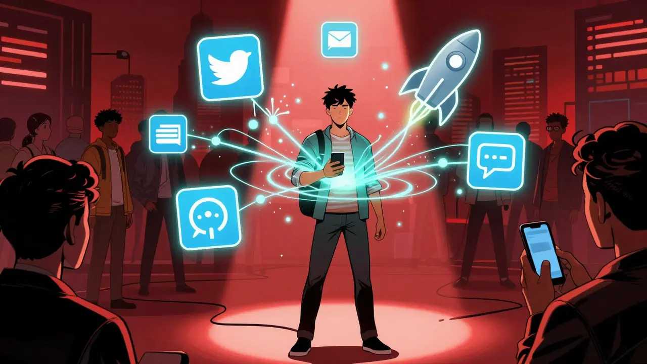 User surrounded by social media icons and data streams during verification process.