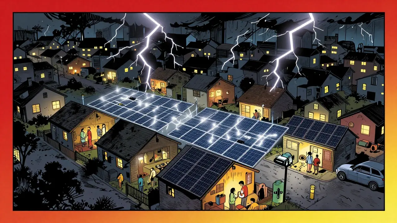 A resilient neighborhood microgrid staying lit during a storm in comic book art