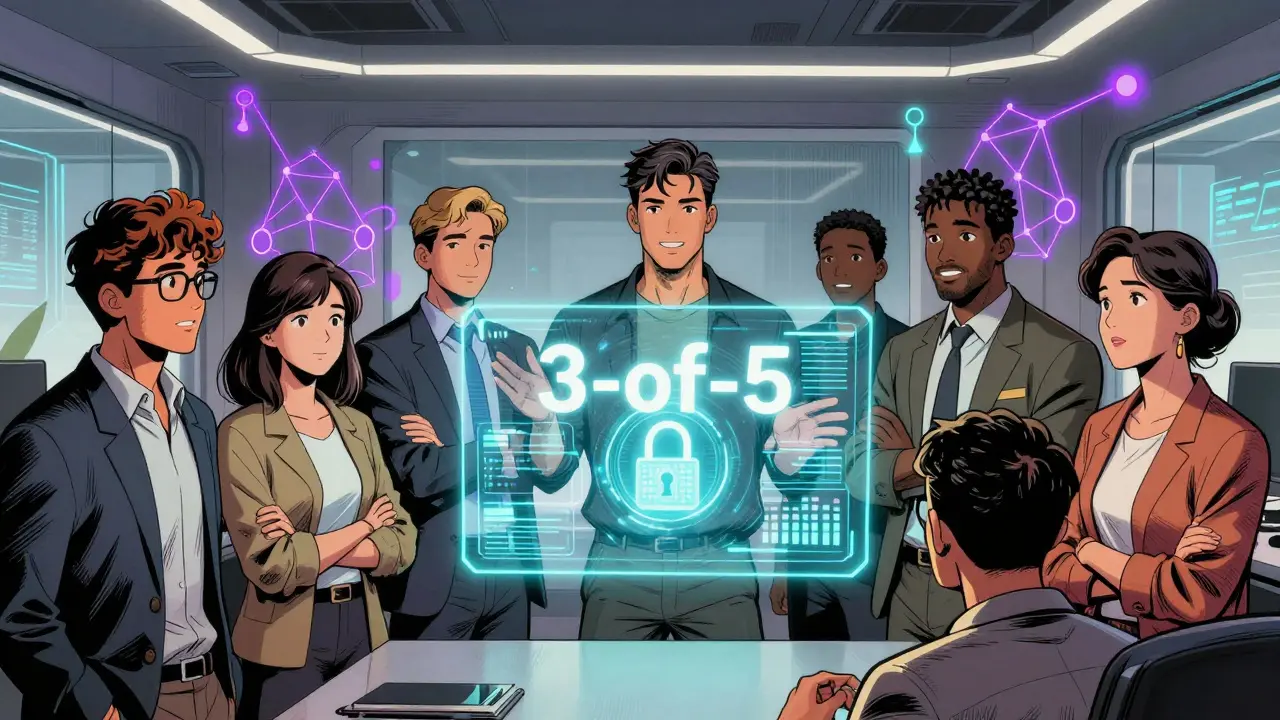 A team reaching consensus on a holographic multi-signature security interface.