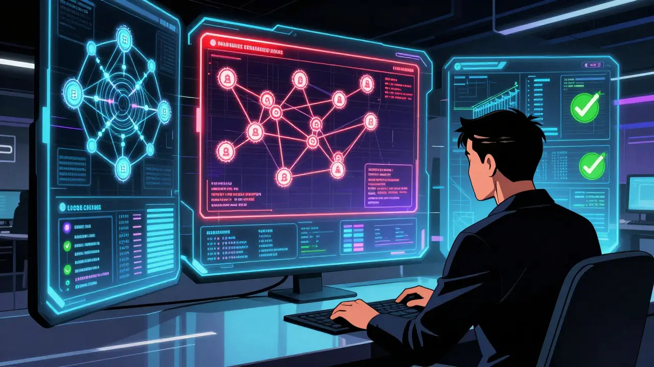 Analyst monitoring blockchain data on holographic screens in graphic novel art