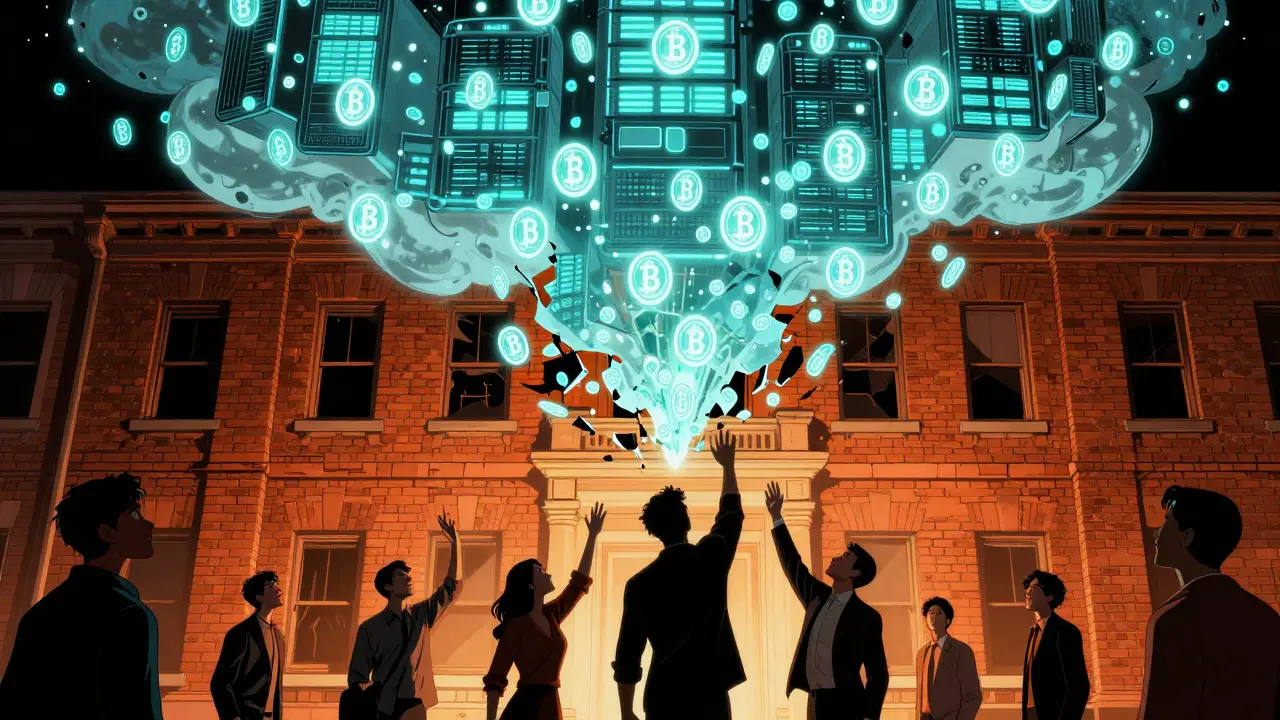 Brick building shattering into glowing digital tokens