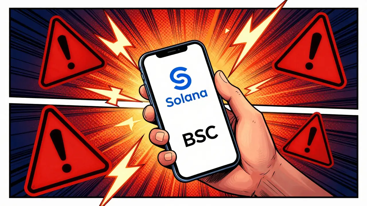 Chaotic comic scene showing conflicting blockchain logos clashing on a phone screen with warning signs.