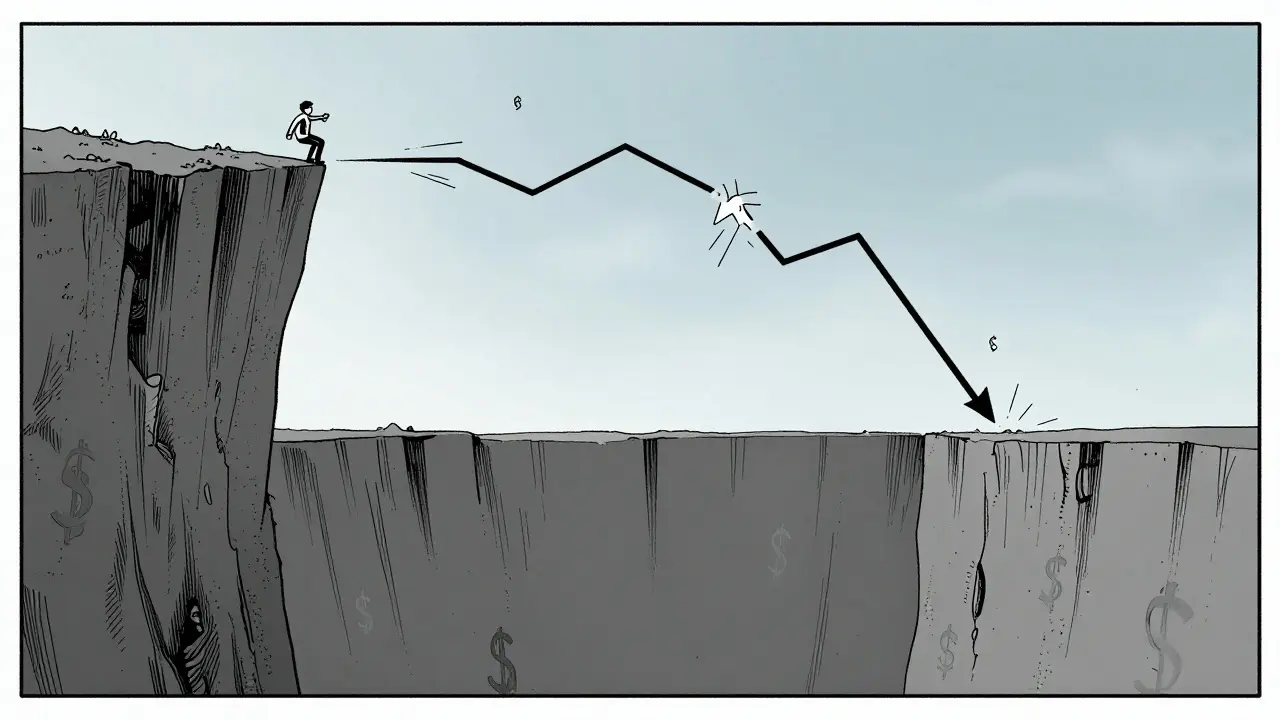 Character sliding down cliff representing price crash in comics