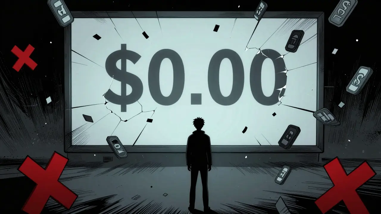 Character surrounded by worthless digital confetti and a <h2>Current Market Status: The $0 Problem</h2> price display