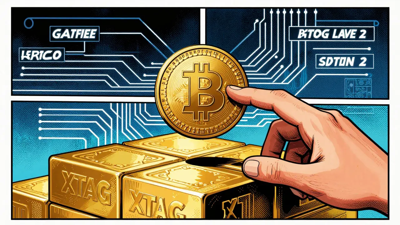 Comic book illustration of XTAG token over Bitcoin Layer 2 tech schematic