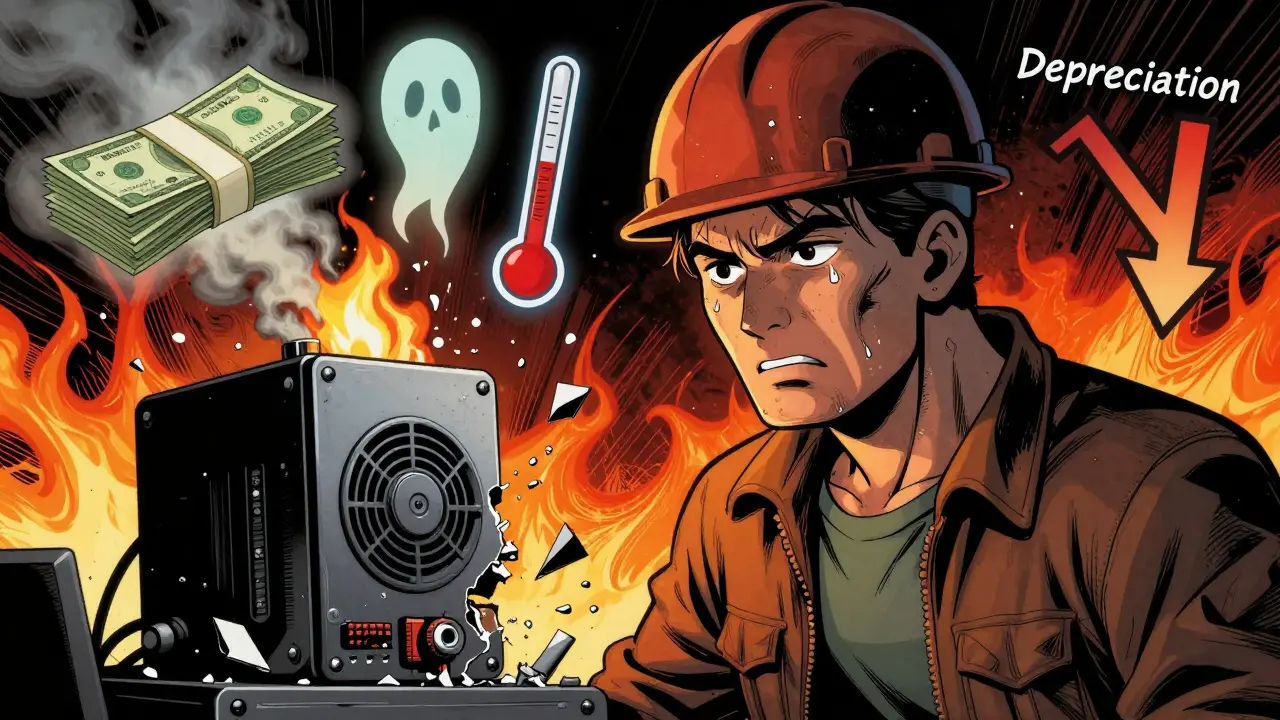 Comic book style: stressed miner facing hardware failure and rising electricity costs