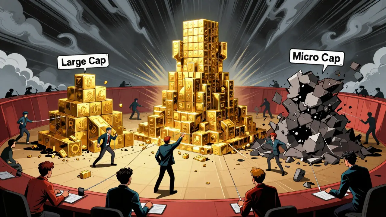 Comic illustration of crypto market cap tiers and stability levels