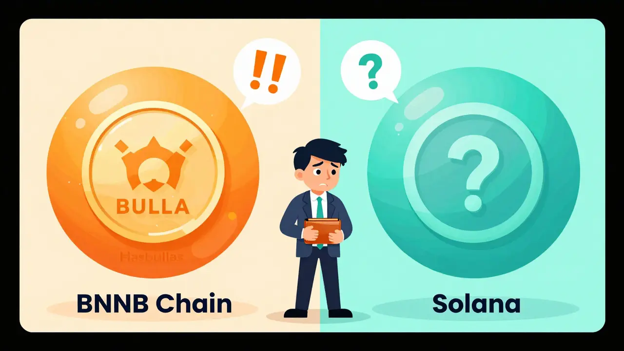 Comic illustration of investor confusion between BNB Chain and Solana tokens