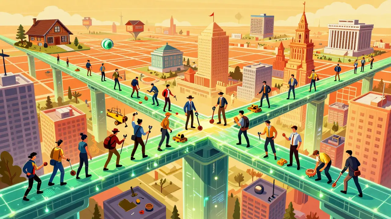 Comic illustration of people building on connected blockchain bridges