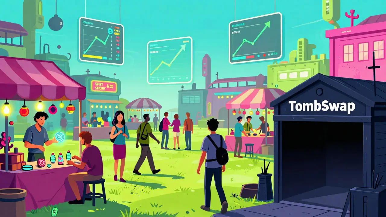 Comic illustration of users moving from a dead exchange to a vibrant, active marketplace.