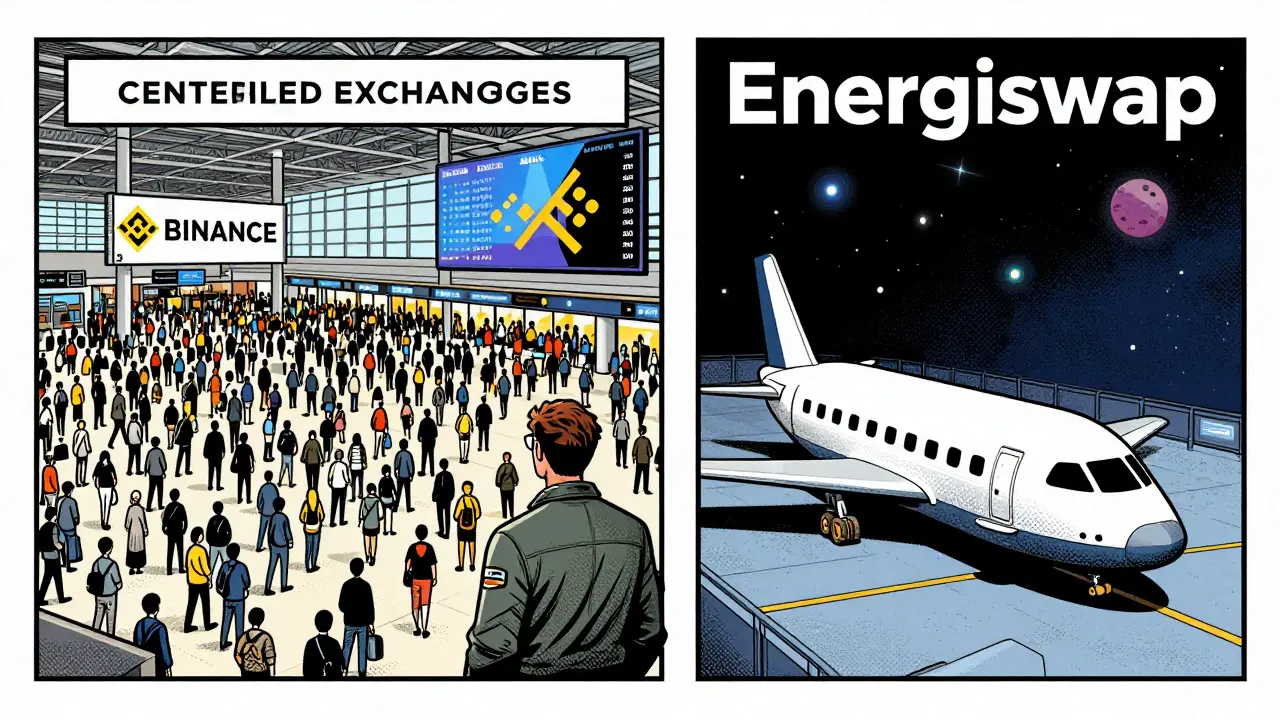 Comic panel comparing a busy exchange with a niche specialized platform