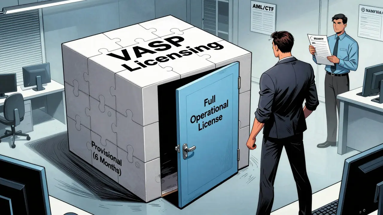 Comic style illustration of an entrepreneur navigating the complex VASP licensing process.