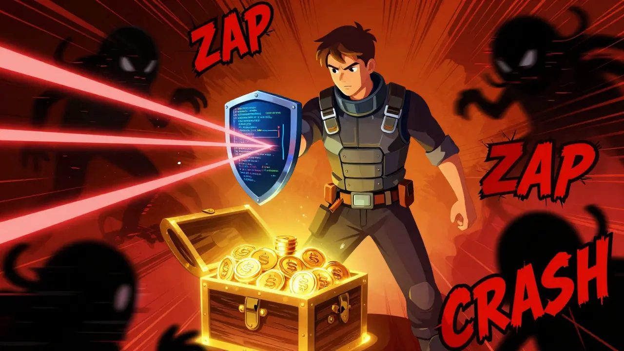 Comic style image of a user protecting crypto assets from digital threats