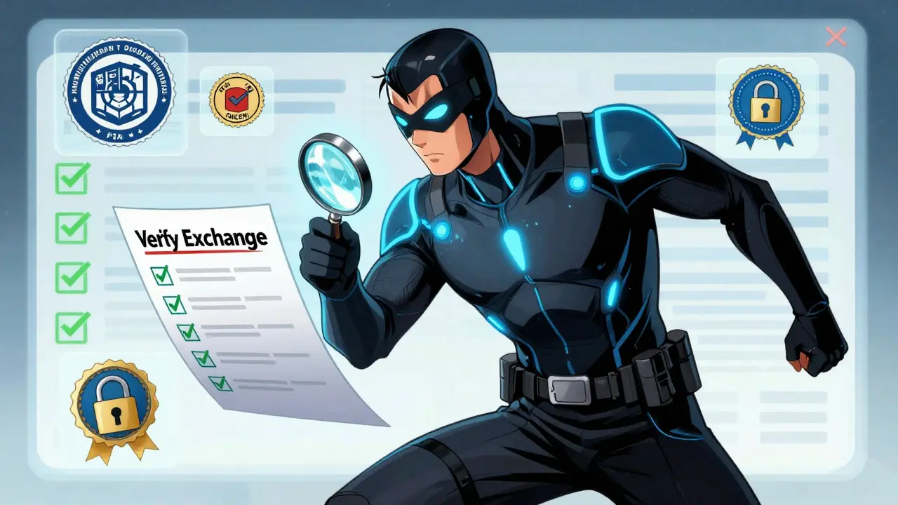 Cyber hero checking security list to verify crypto exchange safety