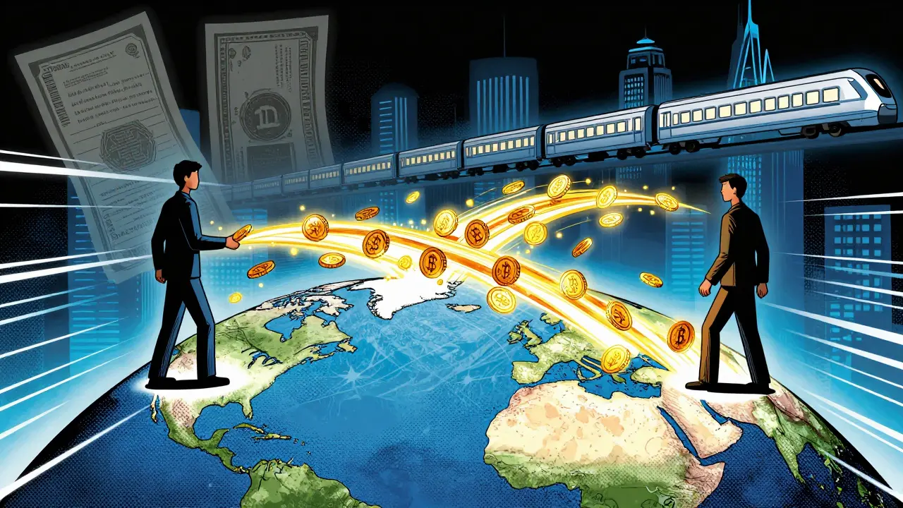 Digital gold coins flowing instantly across a globe