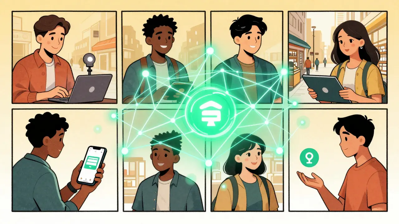 Diverse people connected by digital mesh network exchanging tips and payments