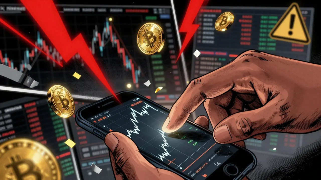 Dramatic comic art of volatile crypto prices and scattered BULLA tokens