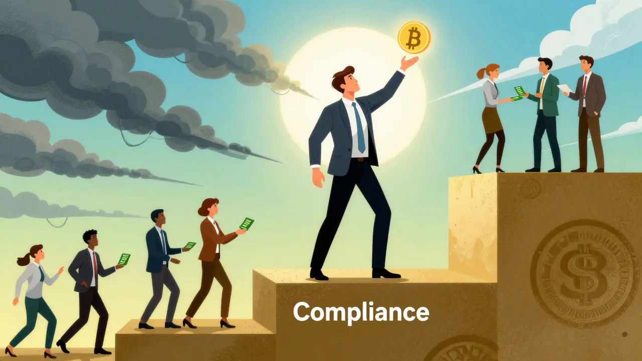 Executive standing on compliance foundation reaching for growth opportunities