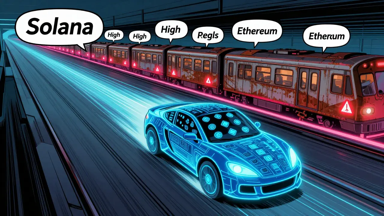 Fast Solana blockchain vehicle overtaking a slow, fee-heavy Ethereum train