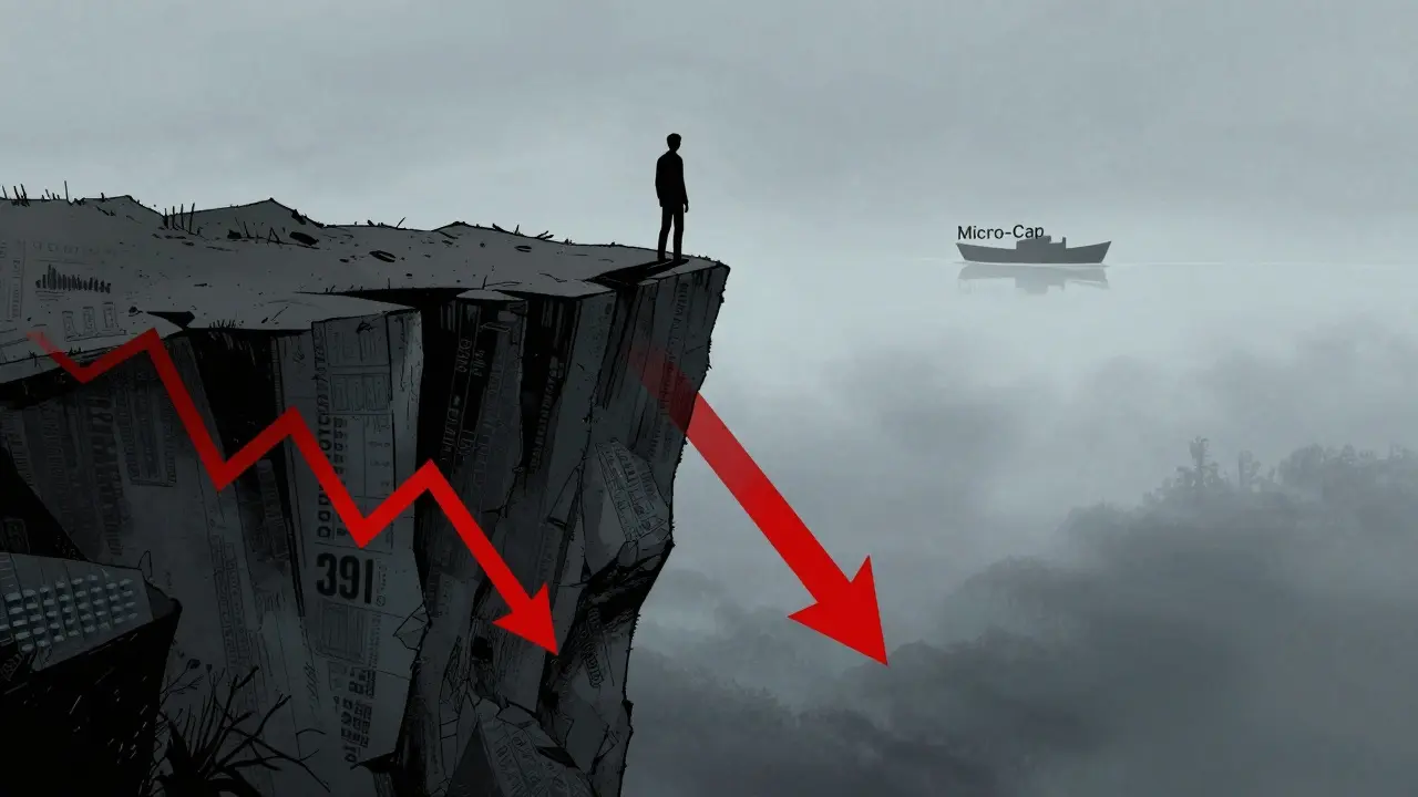 Figure standing on a crumbling cliff edge overlooking a foggy abyss, symbolizing high financial risk.