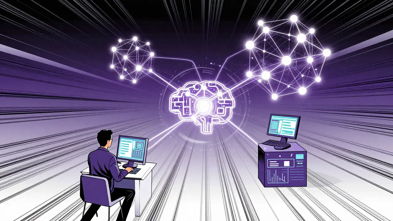 Futuristic AI and blockchain network visualization in comic book art