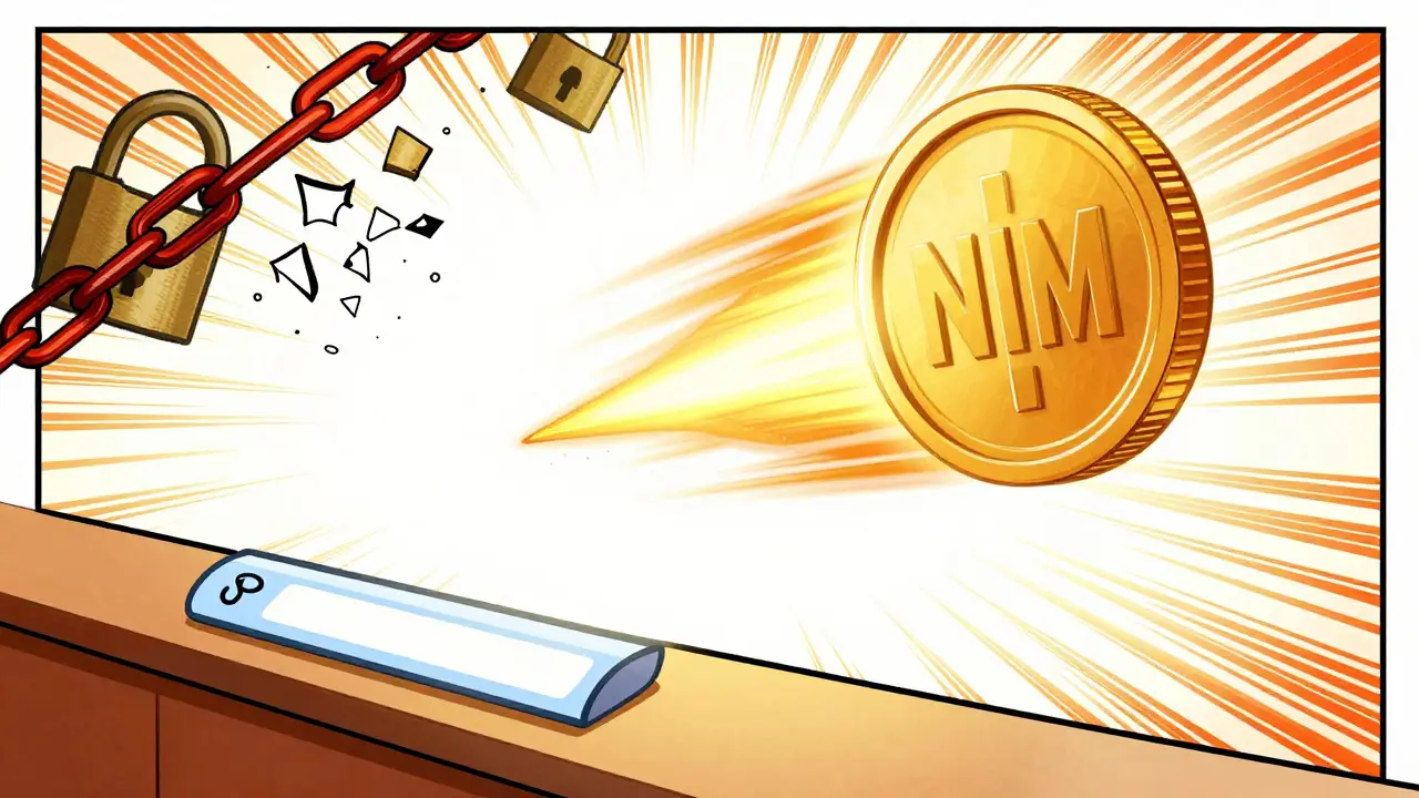 Glowing NIM coin moving fast through air with shattering fee barriers in background