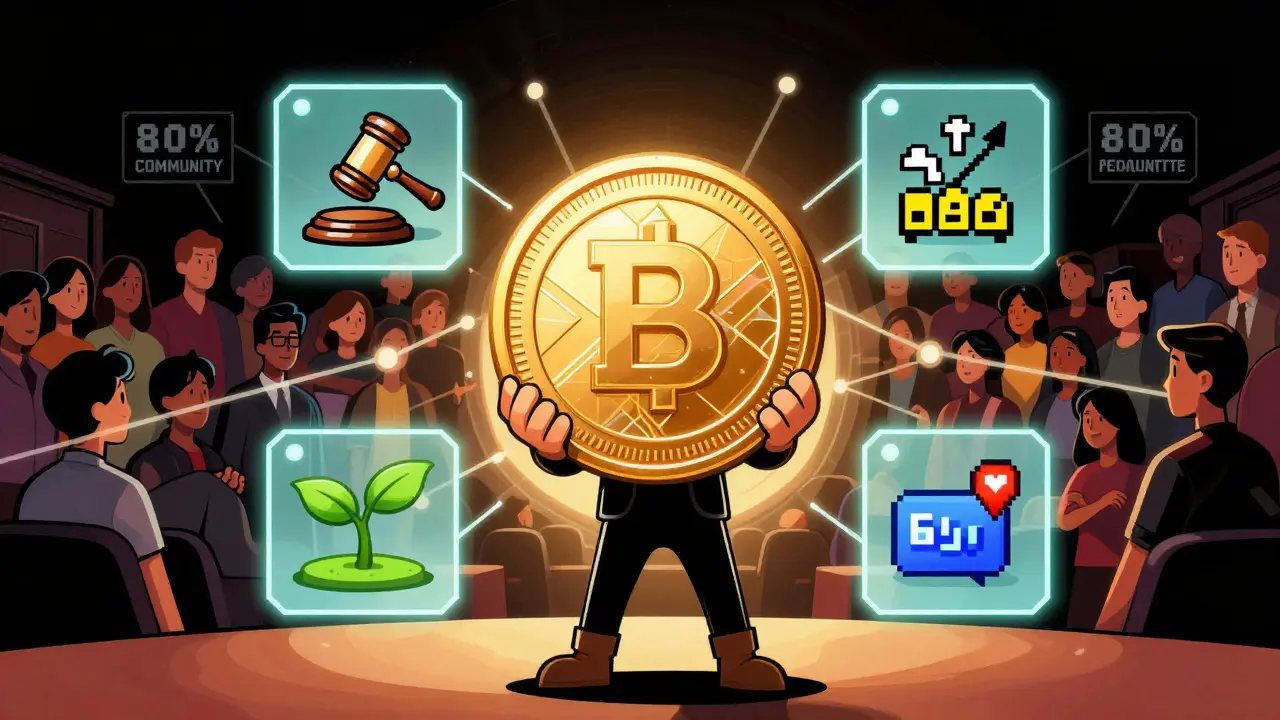 Graphic novel art showing BABY token utility with governance and gaming icons