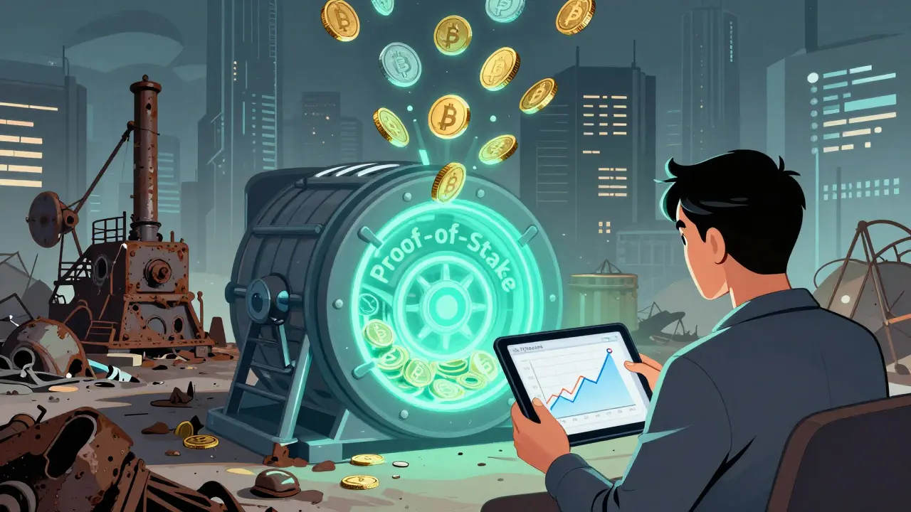 Graphic novel: investor choosing stable staking vault over obsolete mining equipment
