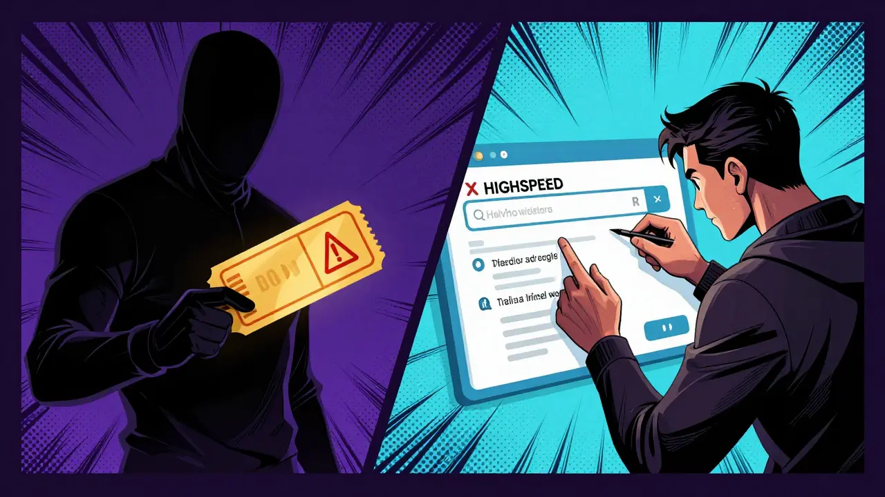 Graphic novel scene contrasting scam risks with secure verification steps