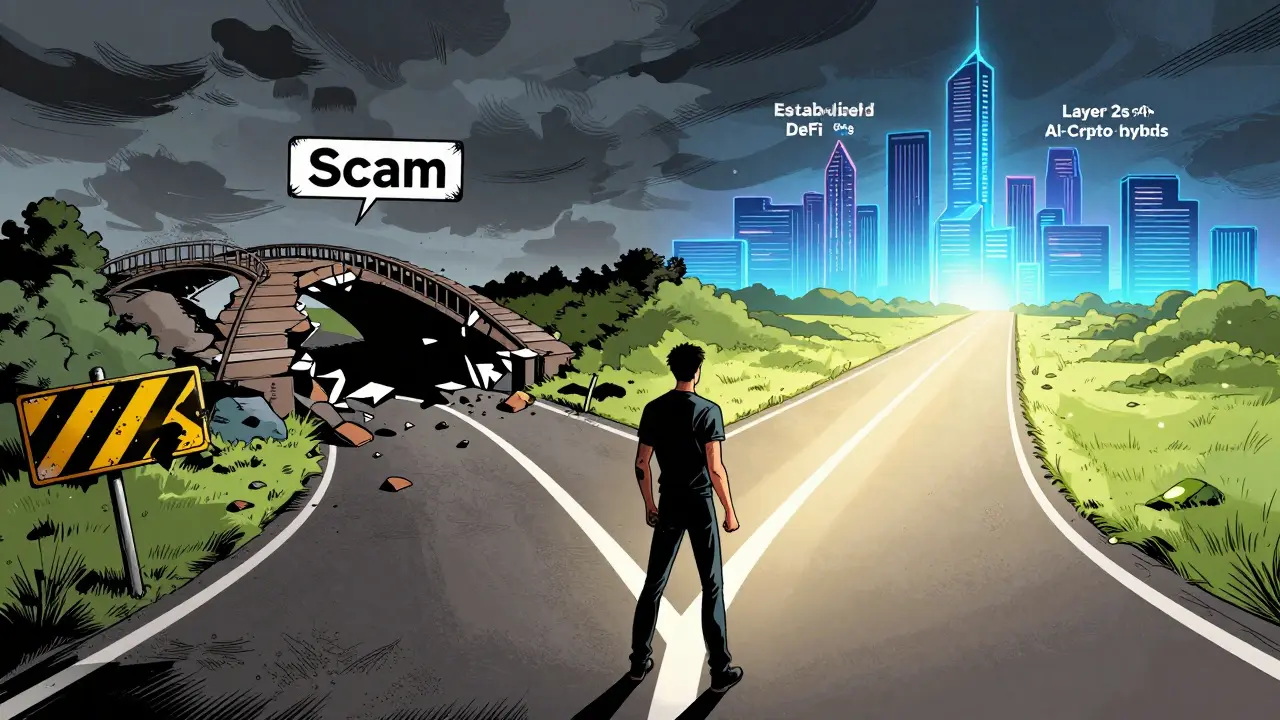 Graphic novel scene of a traveler choosing safe DeFi paths over scam traps.