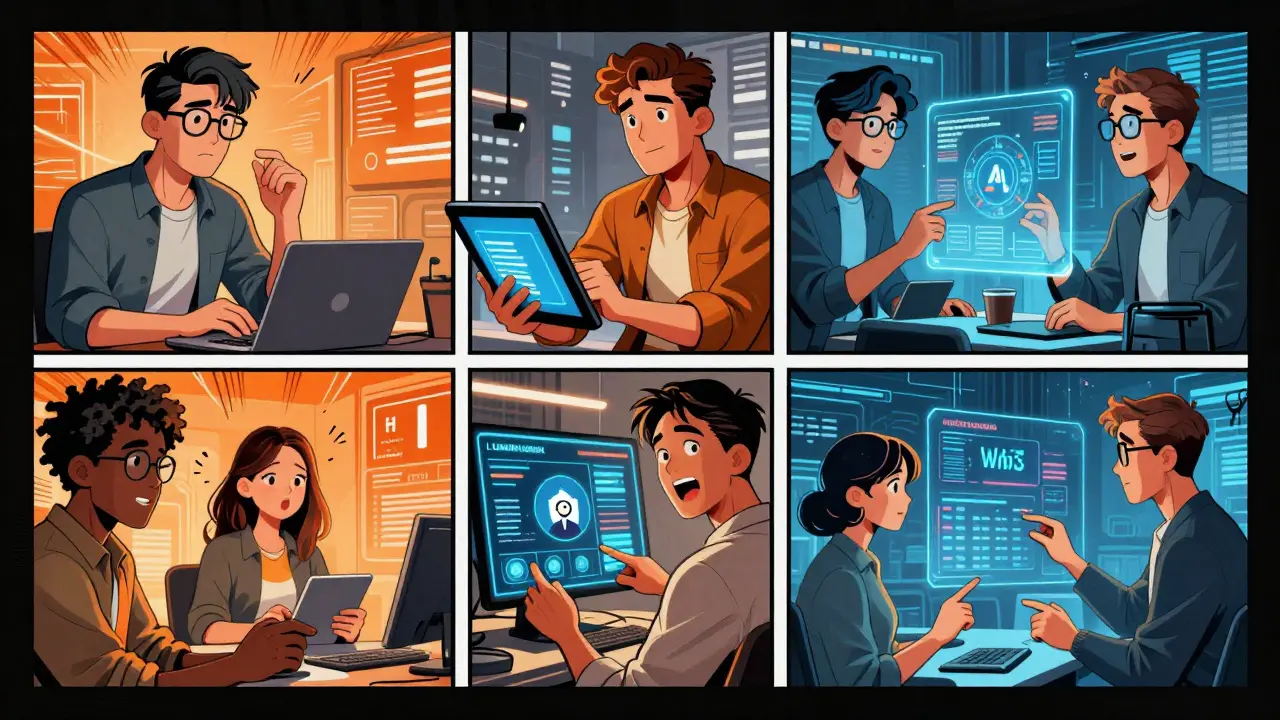 Graphic novel scene of entrepreneurs using AI workforce dashboards