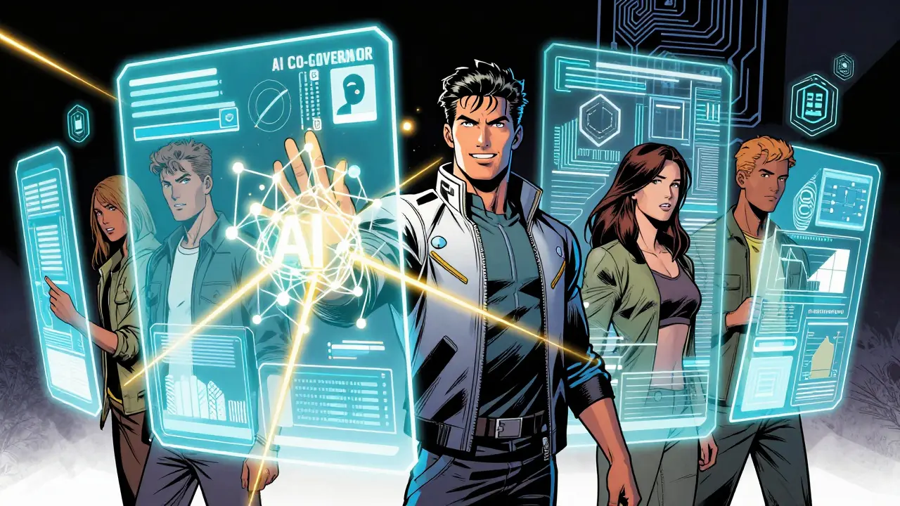 Graphic novel scene of humans collaborating with glowing AI data streams