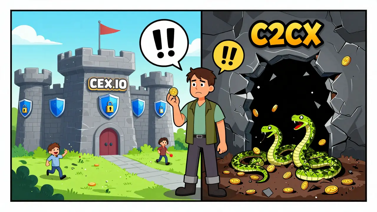Graphic novel split showing safe exchange vs dangerous C2CX trap