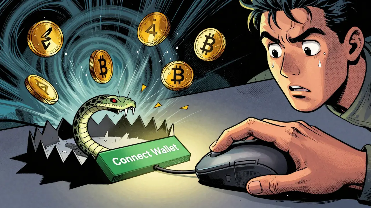 Hand avoiding dangerous wallet connection trap in comics
