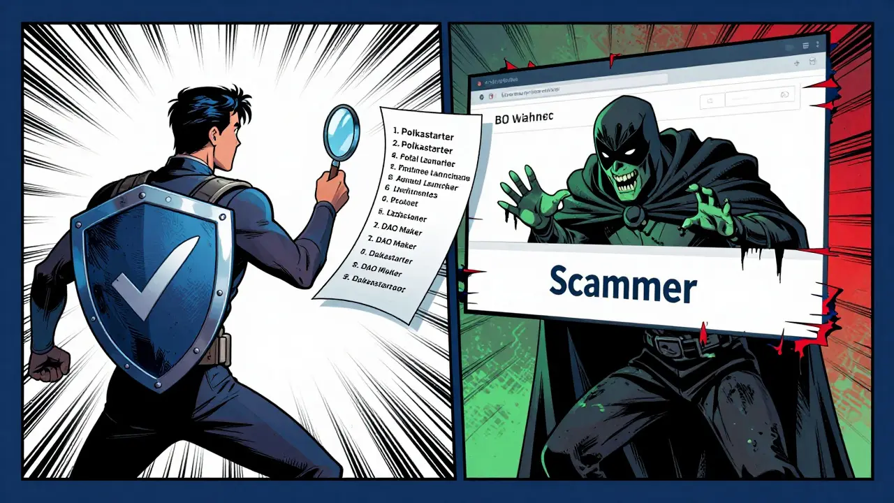 Hero verifying legit launchpads vs scammer villain graphic