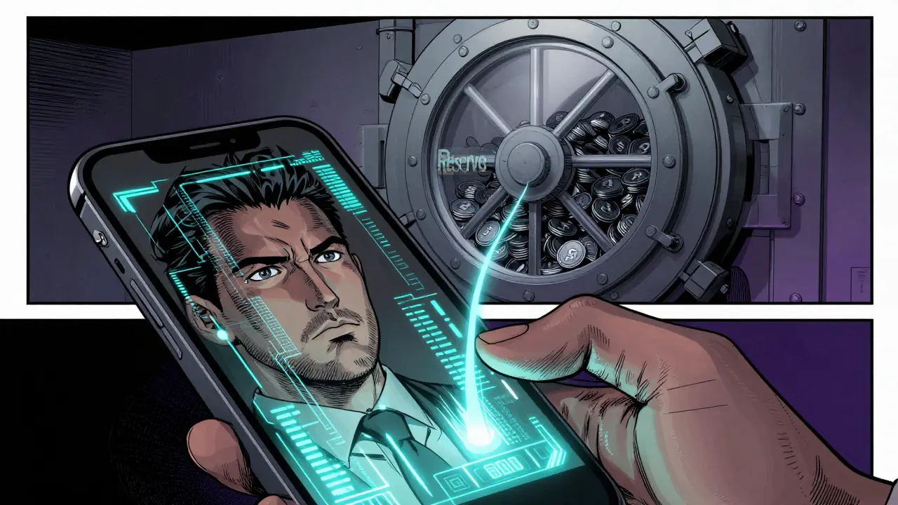 Investor looking at tokenomics data with a large reserve vault in the background.