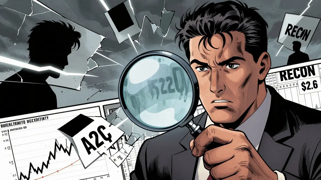 Investor scrutinizing conflicting crypto prices amidst stormy risk symbols