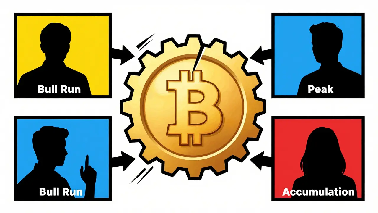 Mechanical gears splitting a coin to show market cycles