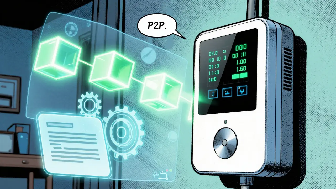 Smart meters and blockchain blocks visualized in a tech-focused graphic novel scene