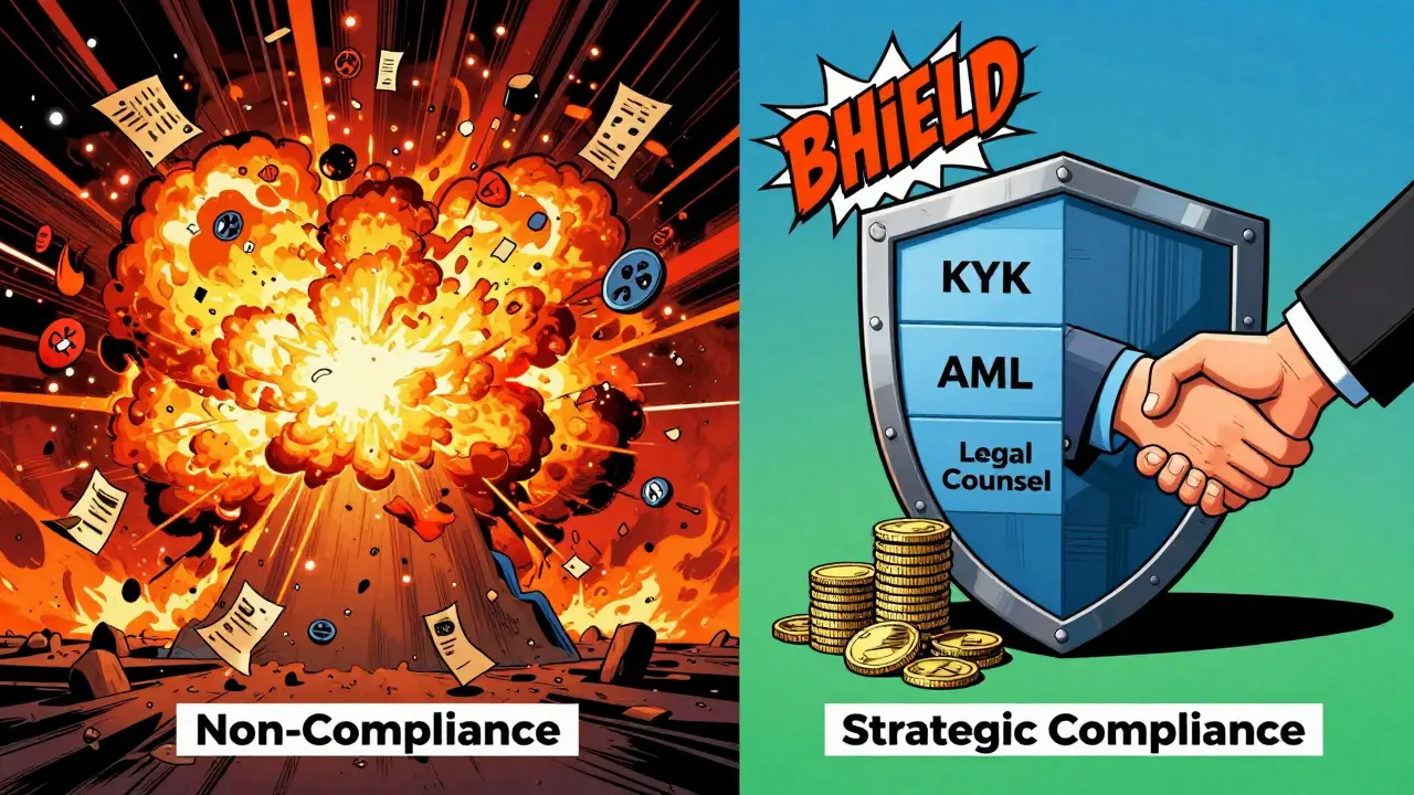 Split screen comparing chaos of non-compliance vs safety of strategic compliance.