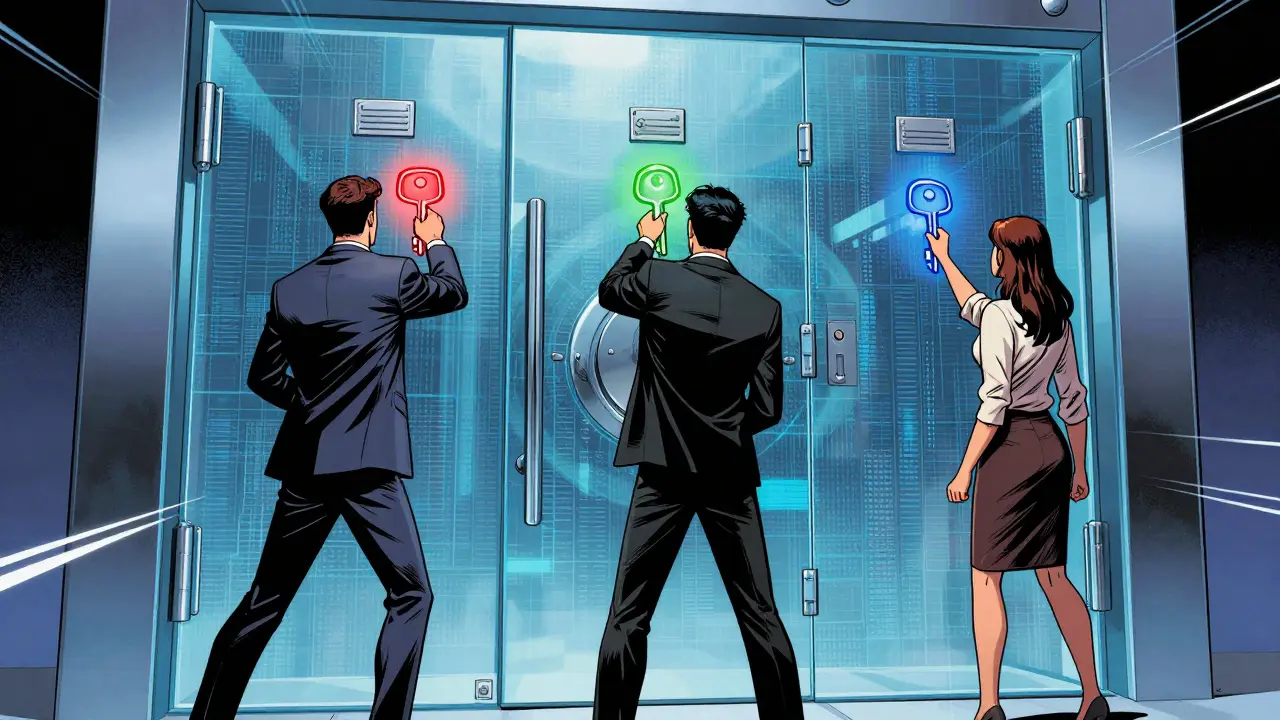 Three people using different colored keys to open a secure digital vault together.