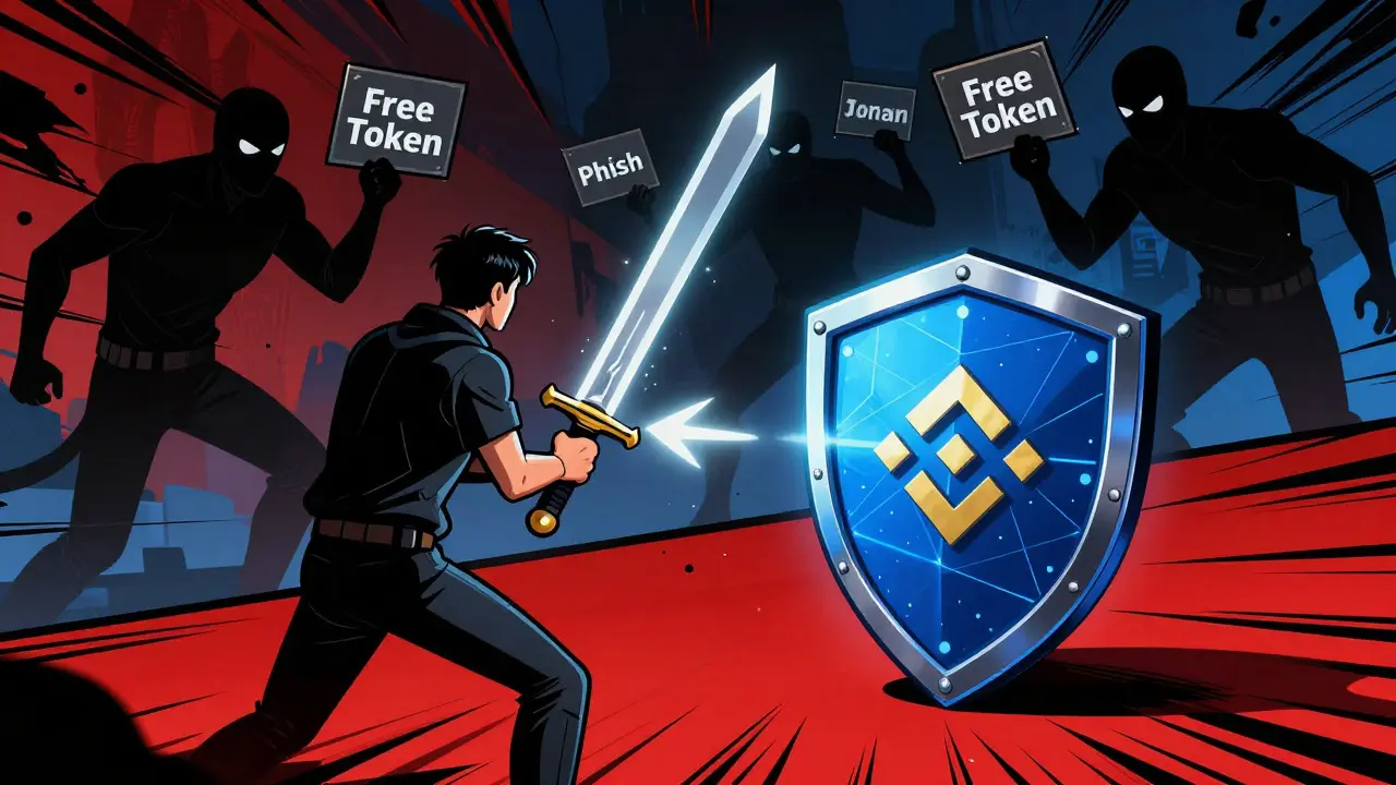 User defending their digital wallet against shadowy scammer figures in a comic style.